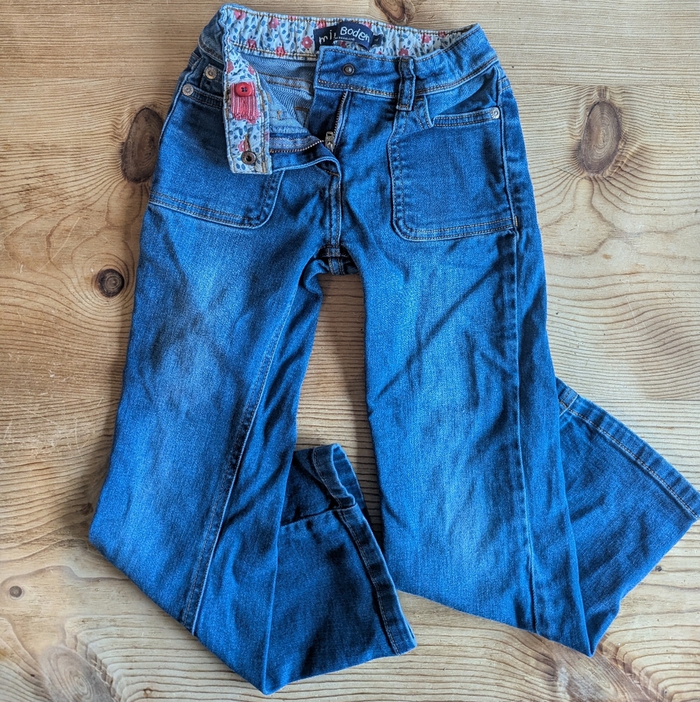 Girls Size 7, Mini Boden Floral Lined, Patch-pocket Jeans
